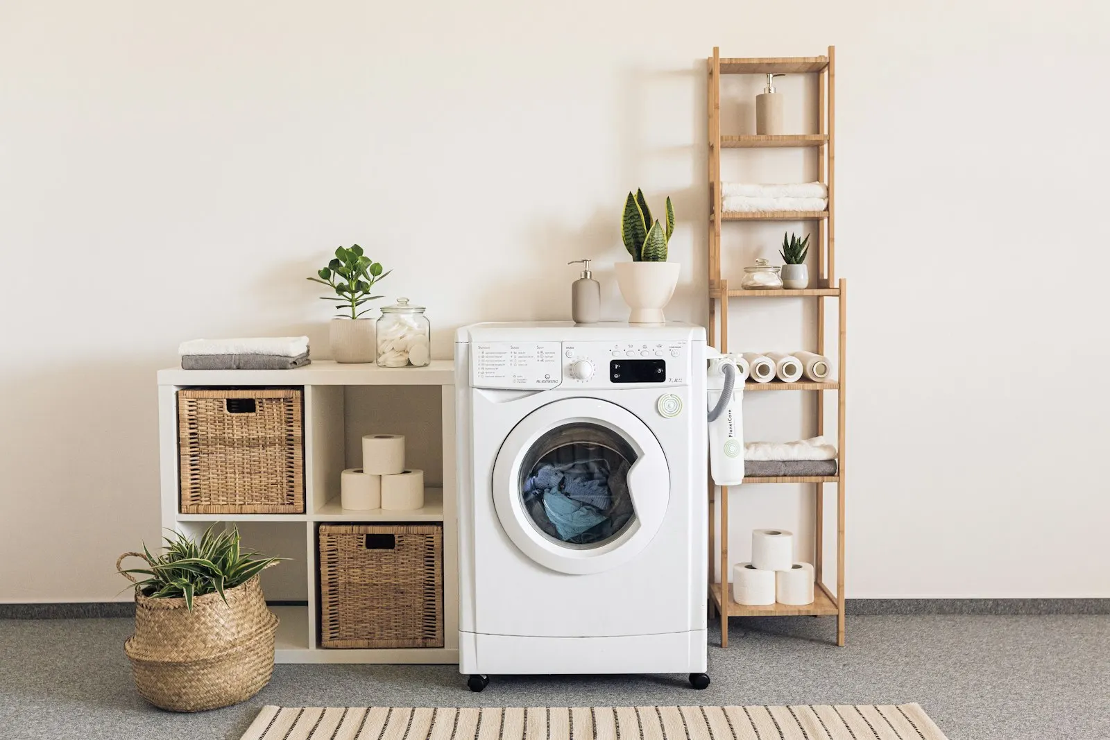 Lave-linge à hublot blanc dans une buanderie avec des paniers en osier